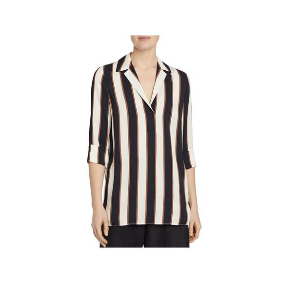 LAFAYETTE 148 Womens Black Striped 3/4 Sleeve Collared Wear To Work Blouse M